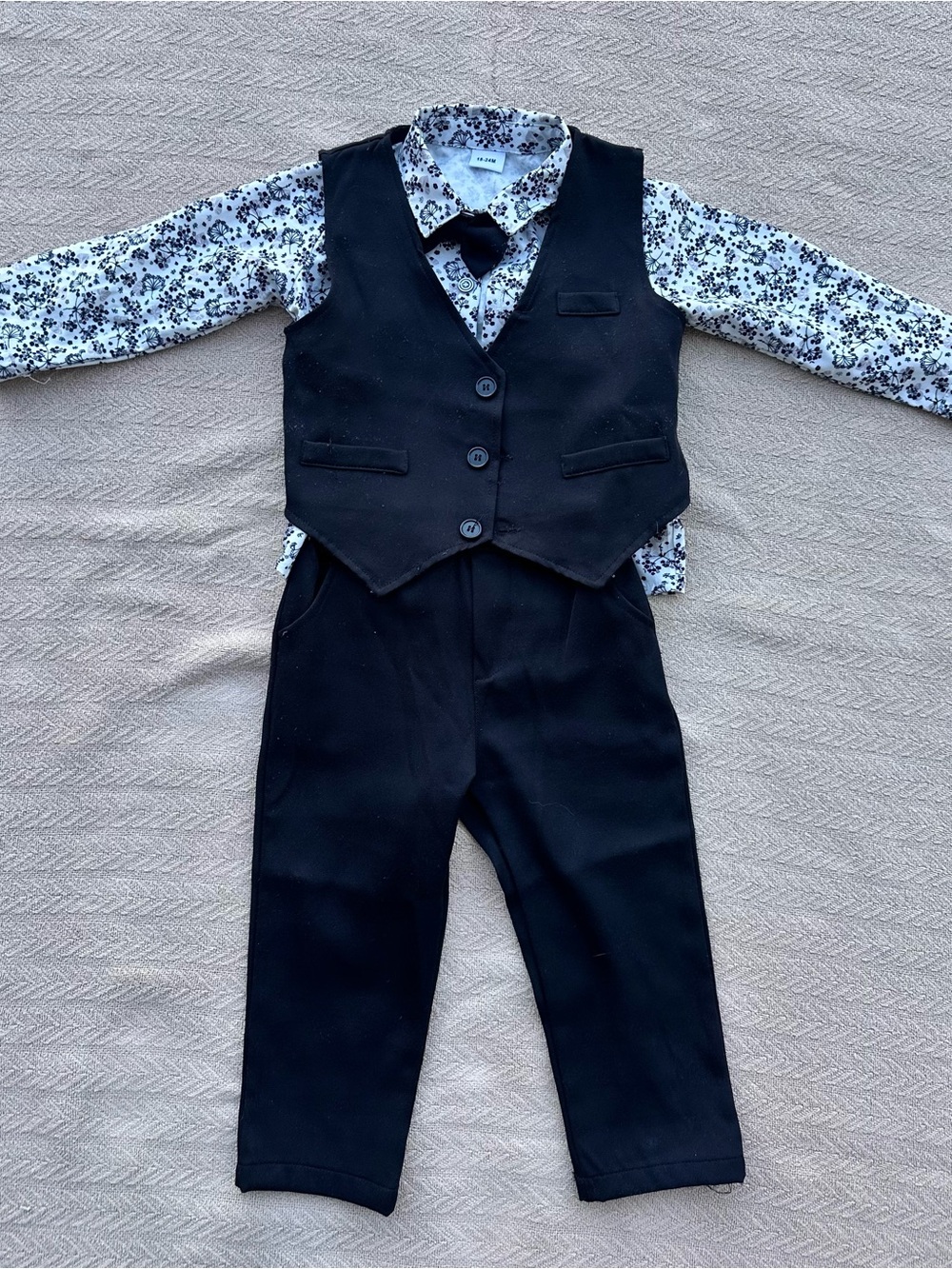 Boys Black Vest & Pants Set with Floral Shirt